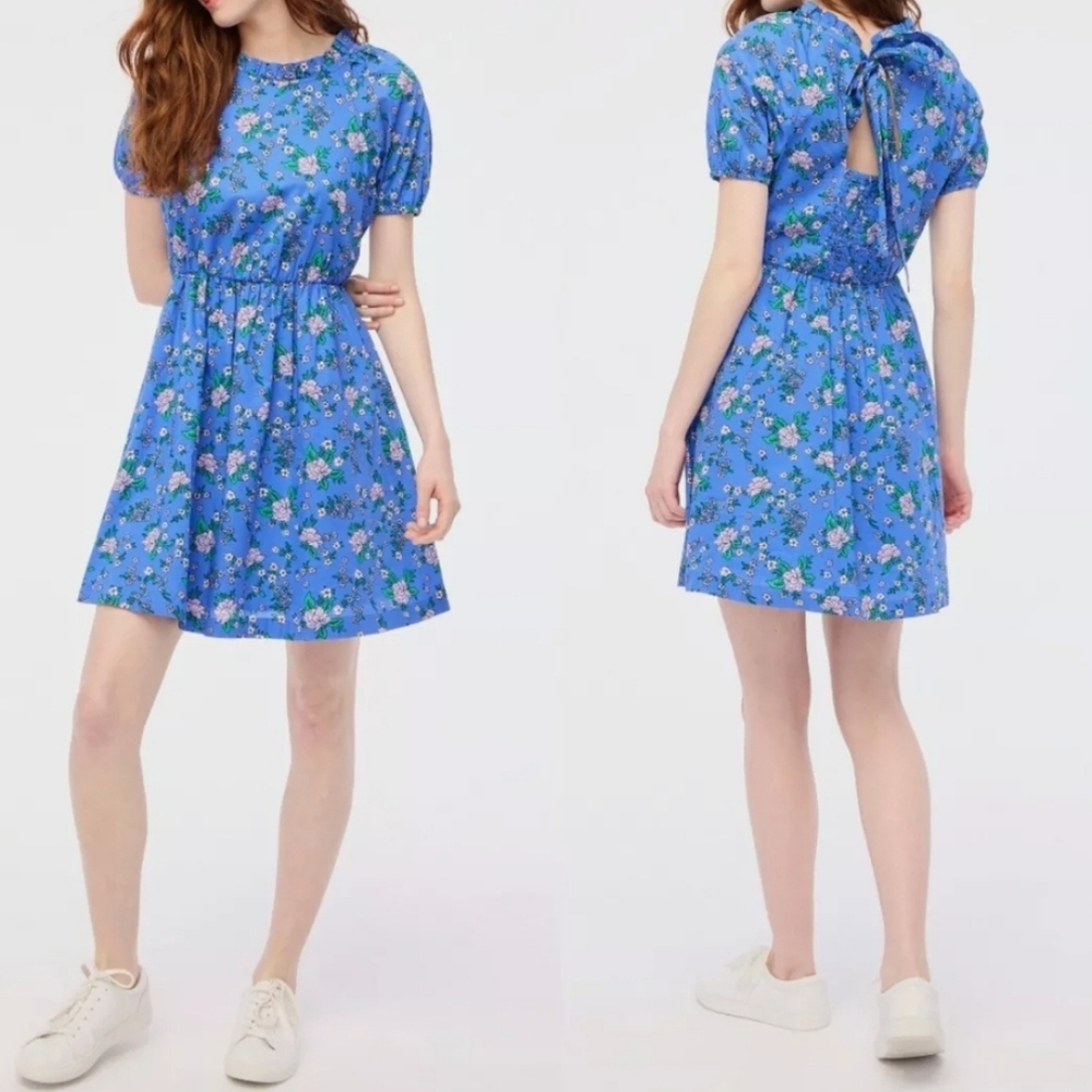 J.Crew Blue Floral Puff Sleeve Mini Dress, Size 2